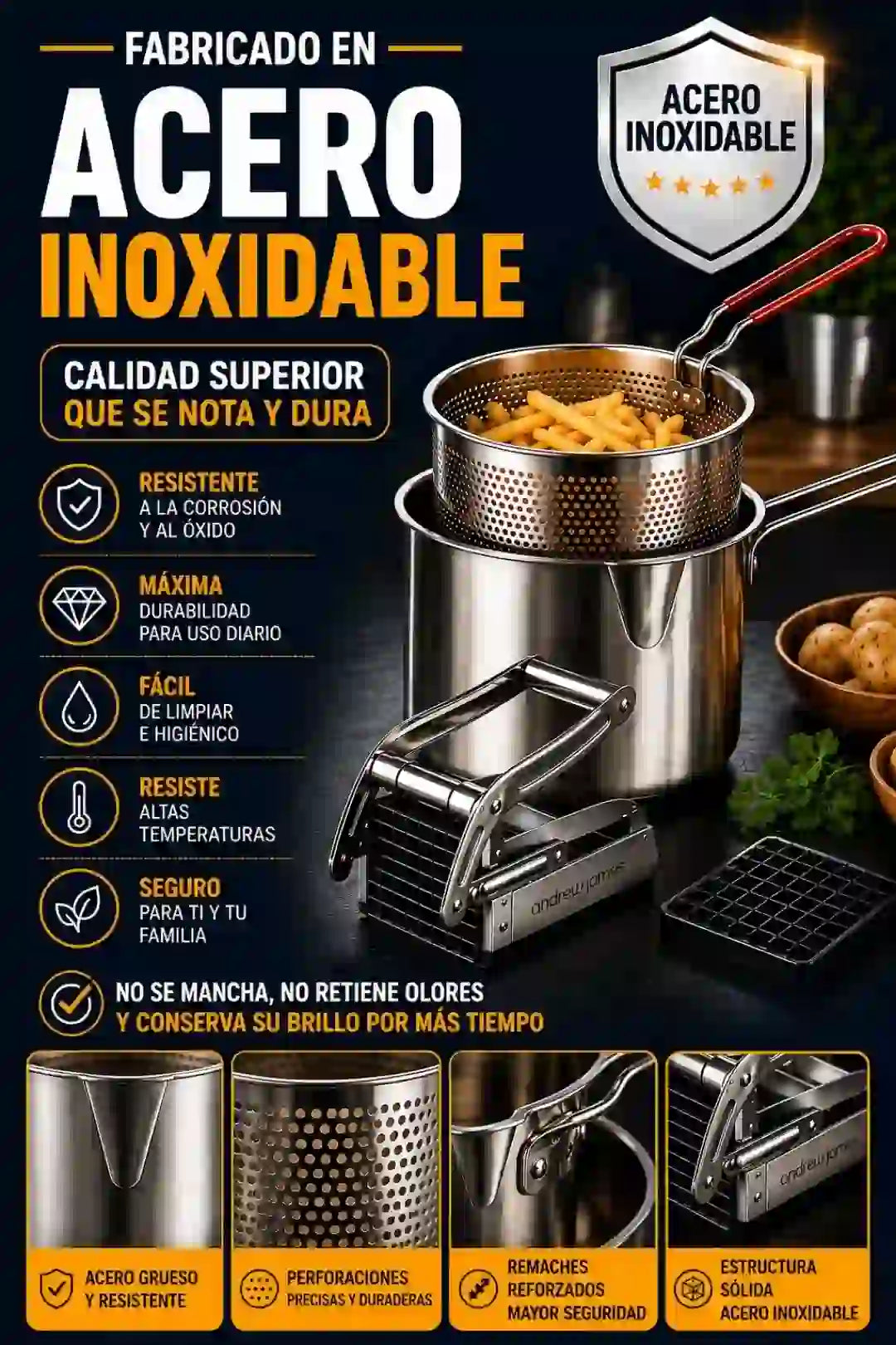 Kit Olla Freidora 2 en 1 Acero Inoxidable + Cortador de Papas