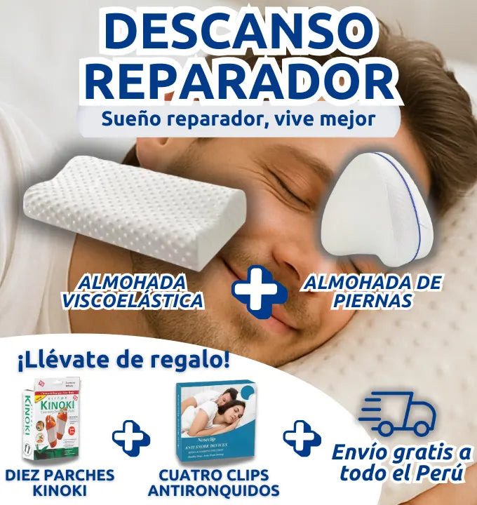 COMBO DENCANSO REPARADOR. ALMOHADA VISCOELÁSTICA + ALMOHADA DE PIERNAS+ PARCHES KINOKI DE REGALO