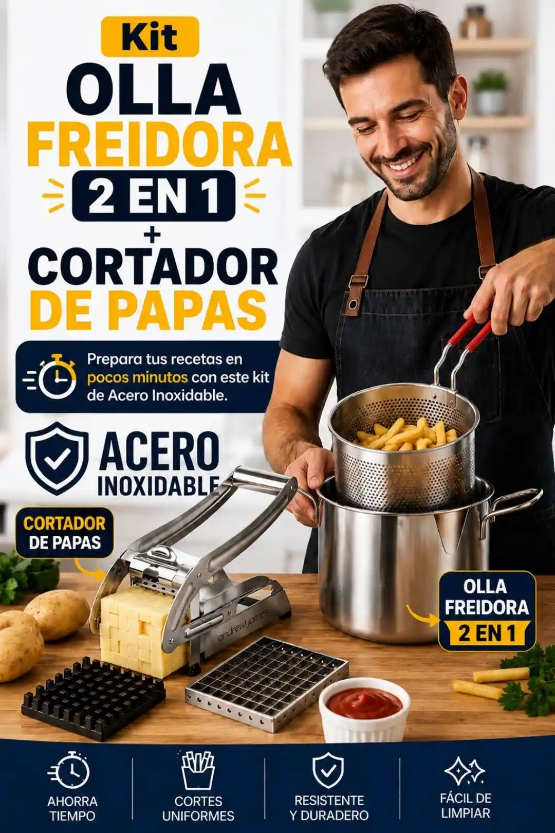 Kit Olla Freidora 2 en 1 Acero Inoxidable + Cortador de Papas