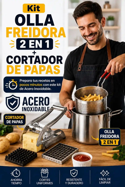 Kit Olla Freidora 2 en 1 Acero Inoxidable + Cortador de Papas