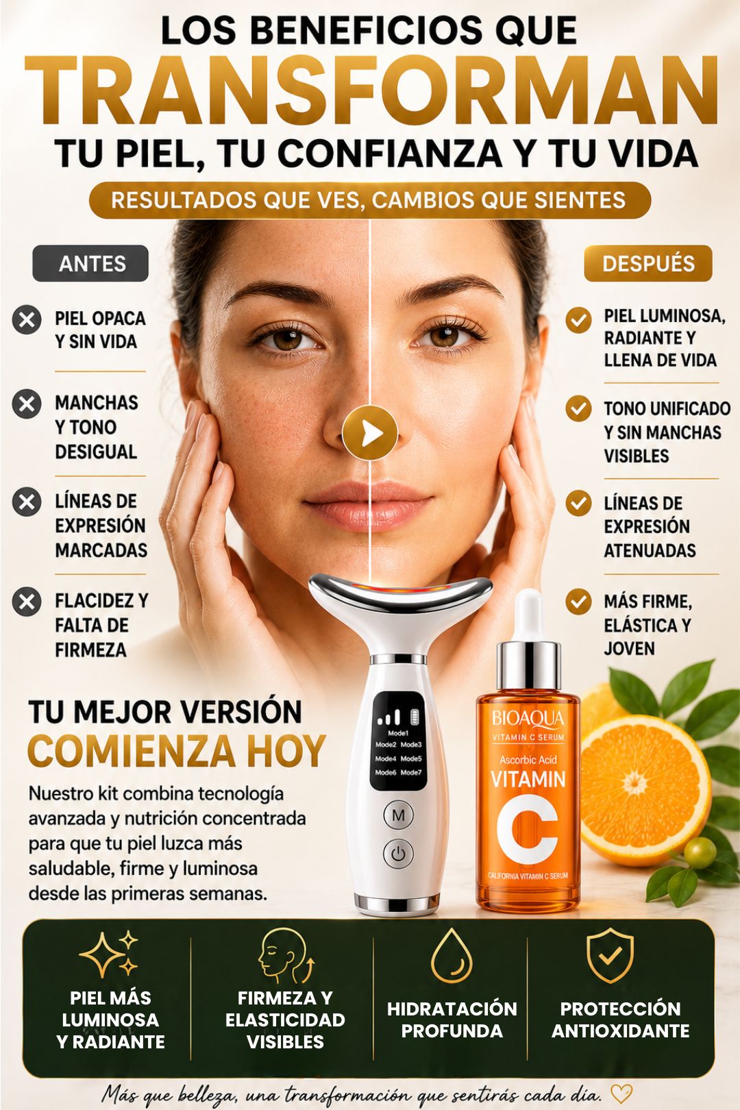 Kit Masajeador Facial LUZ LED + Serum Vitamina C