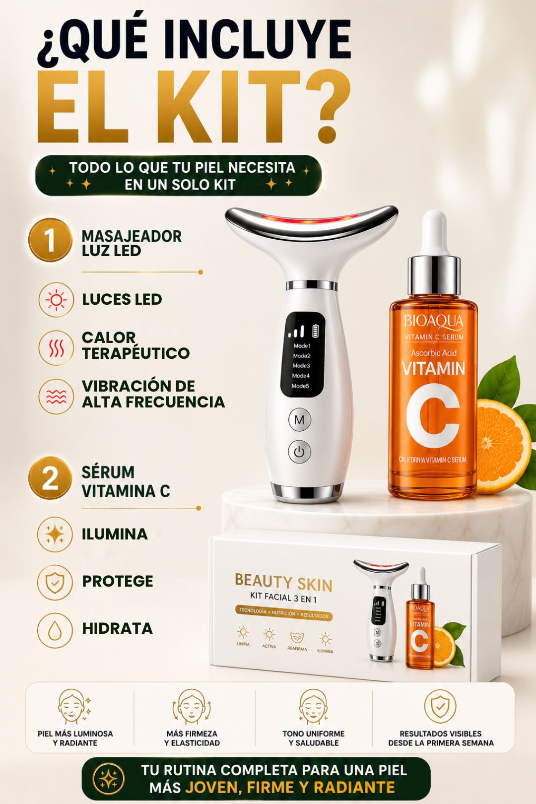 Kit Masajeador Facial LUZ LED + Serum Vitamina C
