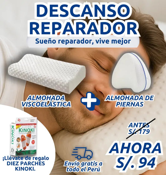 COMBO DENCANSO REPARADOR. ALMOHADA VISCOELÁSTICA + ALMOHADA DE PIERNAS+ PARCHES KINOKI DE REGALO